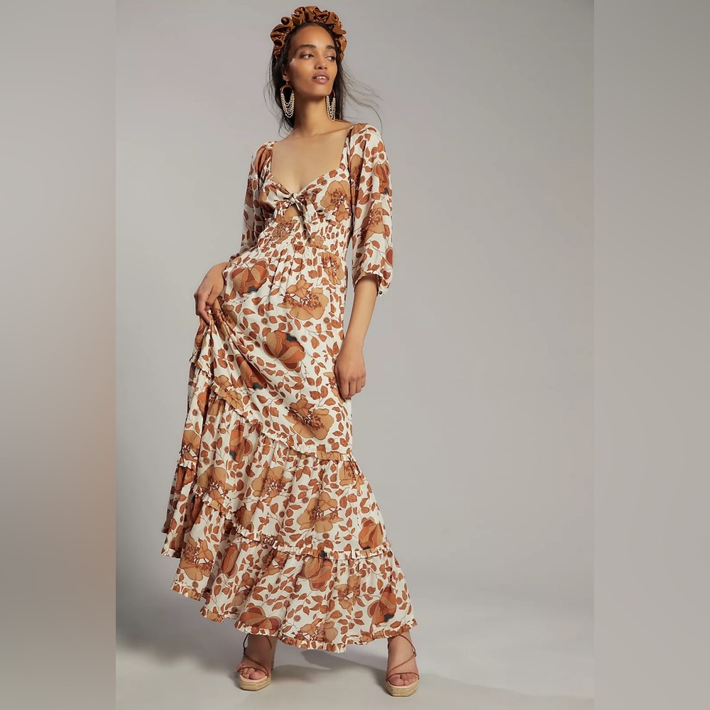 ANTHROPOLOGIE Tiered Floral Maxi Dress Front Cut-Out Detail